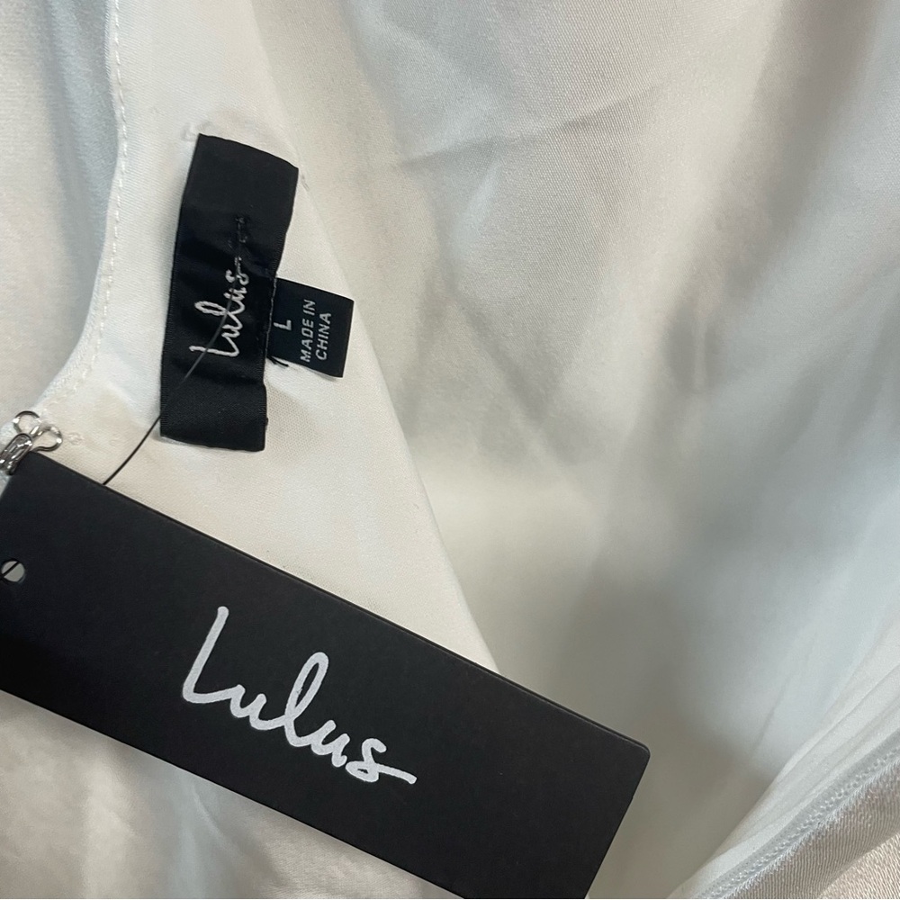 LULUS Women's Satin Deep V-Neck Halter Slit Maxi Dress Size L In White - Picture 4 of 7